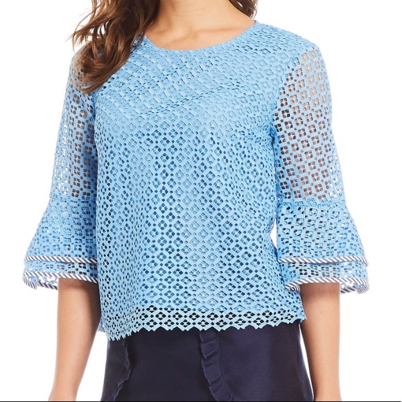 Draper James Tops - Draper James Gingham Eyelet Lattice Bell Blouse